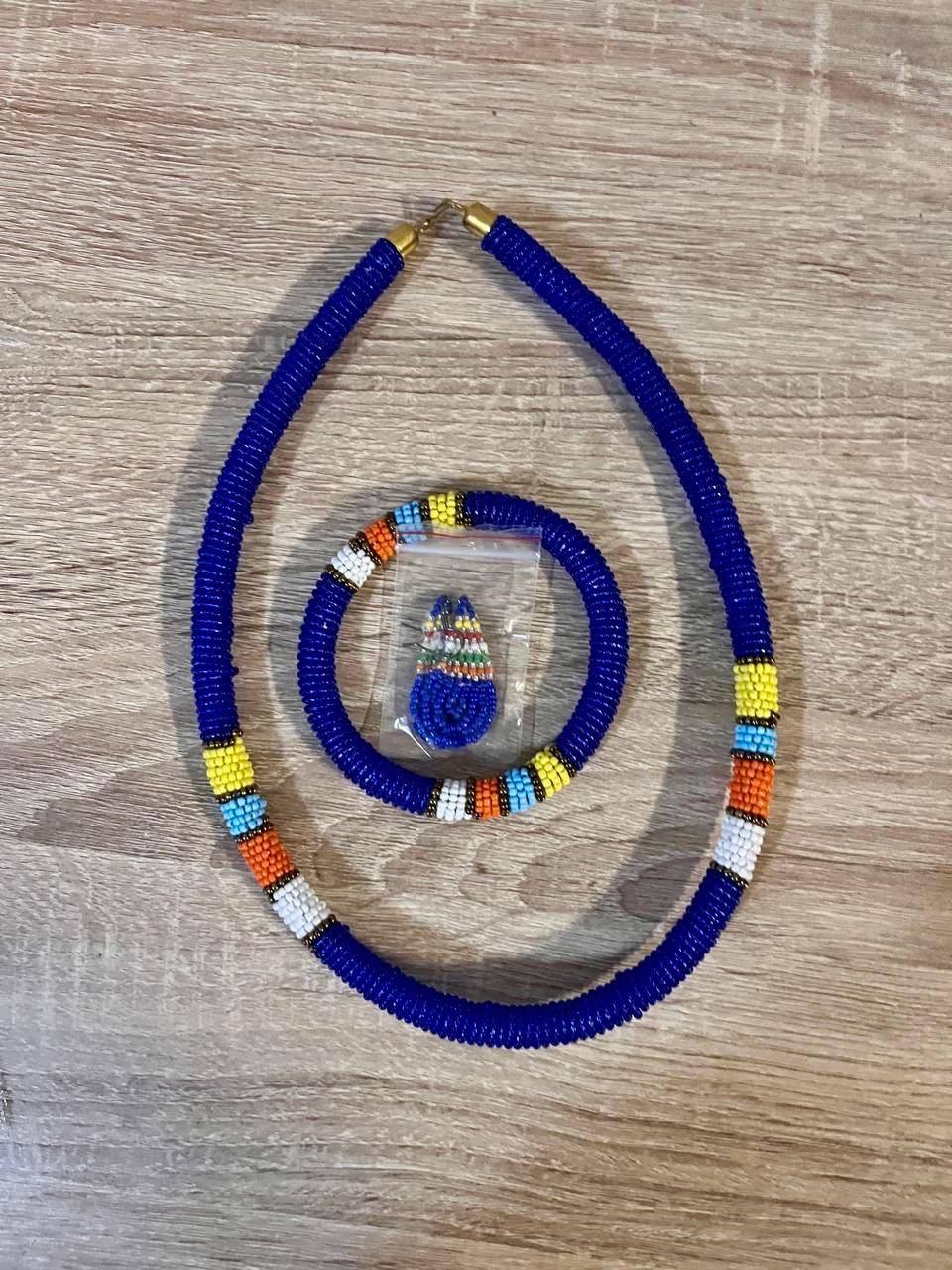 Blue beaded necklace, bracelet and earrings set