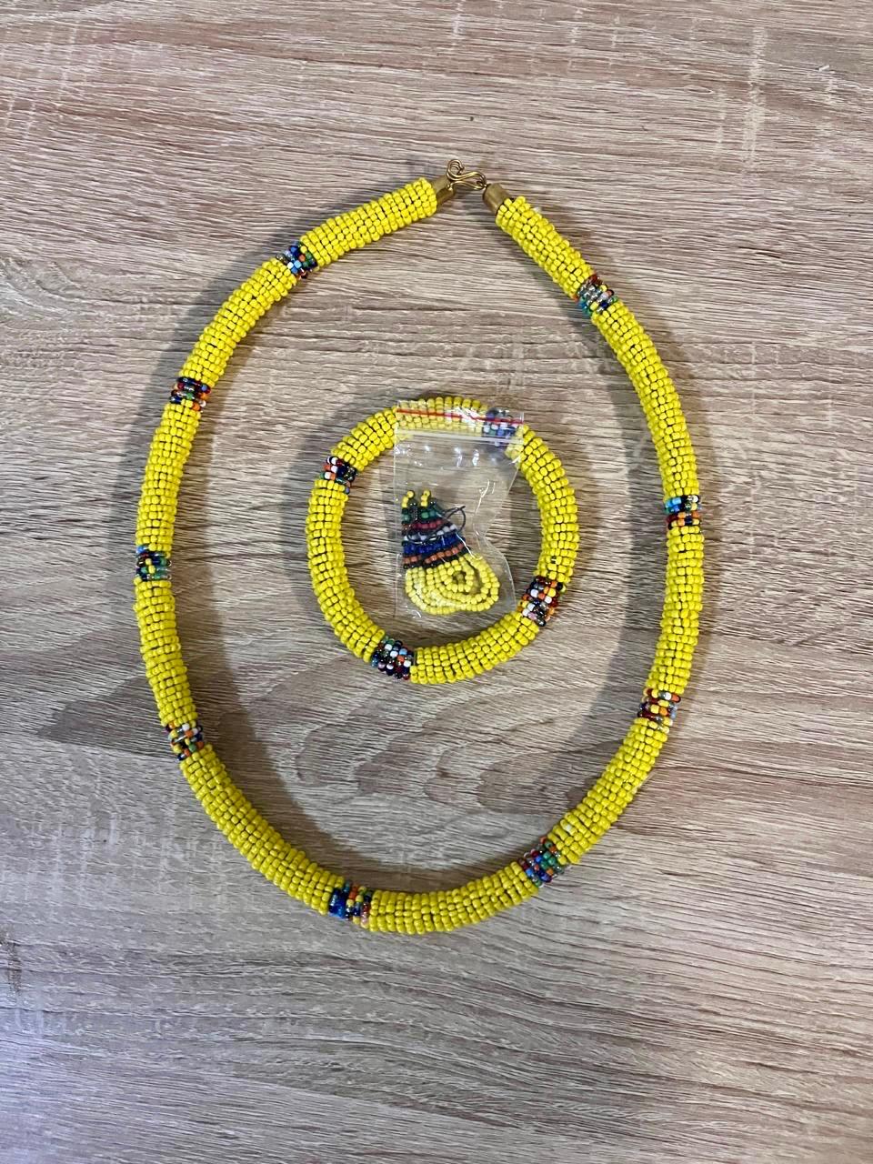 Yellow beaded necklace, bracelet and earrings set